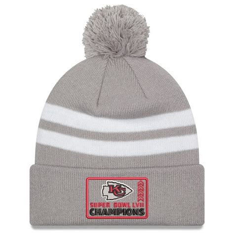 Men's New Era Gray Kansas City Chiefs Super Bowl LVII Champions Top Stripe Cuffed Pom Knit Hat ...