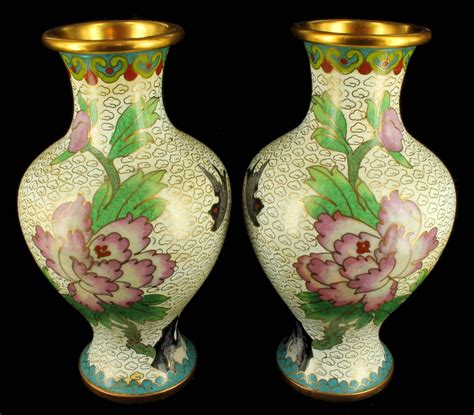 ANTIQUE CHINESE 1920'S CLOISONNE VASE VASES PAIR PEONES BIRDS ...