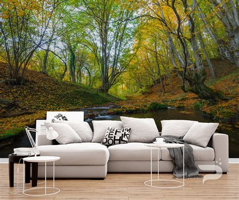 Autumn River WALL MURAL, Autumn Forest Wallpaper Mural, Large Wall Mural, Self Adhesive Peel ...