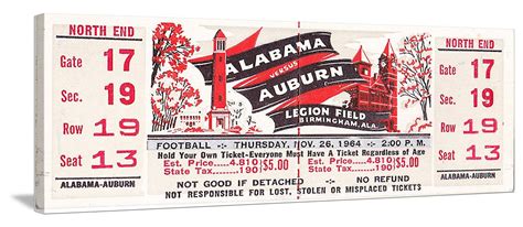 1964 Alabama vs. Auburn Football Ticket on Canvas. Note: sides will be black. | Alabama football ...