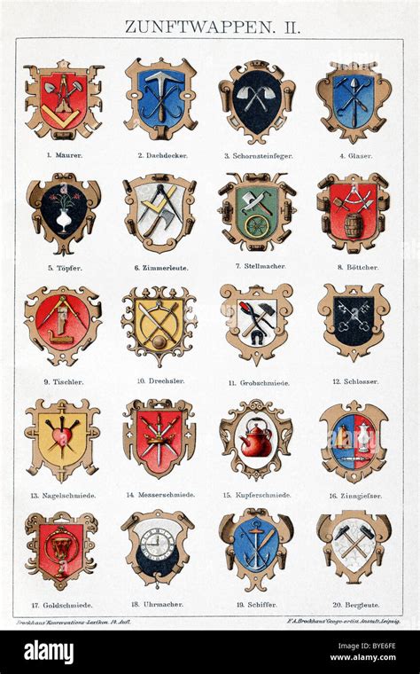 Old guild emblems, symbols of craft guilds, historical Chromotafel ...