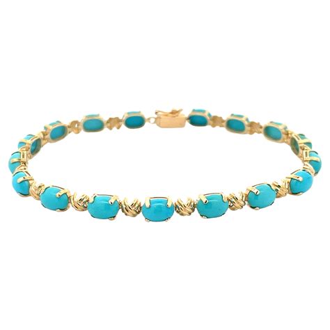 Turquoise Tennis Bracelet, 14K Yellow Gold For Sale at 1stDibs