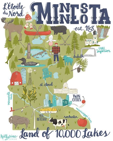 Land of 10000 Lakes Illustrated Minnesota Map Art Print | Etsy