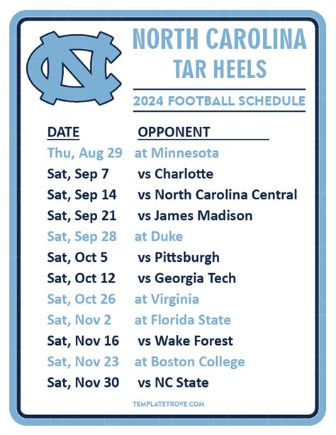 Printable 2024 North Carolina Tar Heels Football Schedule