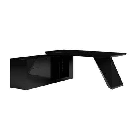 a black desk with an open drawer on it's side and one section missing