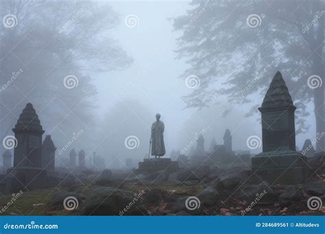 Spooky, Fog-filled Graveyard with a Zombie Figure Stock Illustration - Illustration of zombie ...