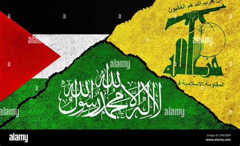 Palestine, Hamas and Hezbollah flag together on a textured background. Relations between ...