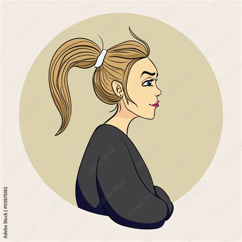 Profile of young beautiful woman with messy ponytail. Cartoon color ...