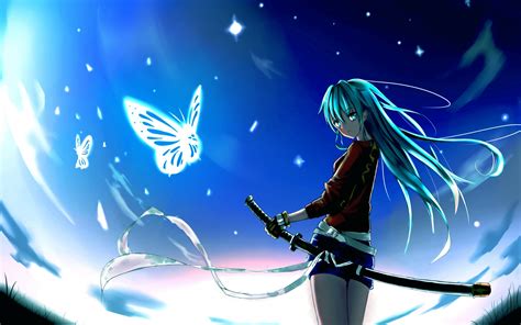 Wallpaper : illustration, anime, butterfly, blue, katana, screenshot ...