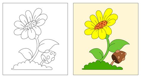 flowers and mushrooms coloring book or page, education for kids, vector ...