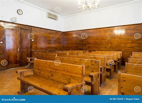 Empty Courtroom with Wooden Benches Editorial Stock Image - Image of order, authority: 58173249