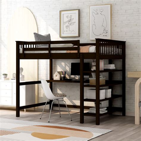 Buy Etstod Wooden Full Size Loft Bed with Storage Shelves and Under-Bed Desk, for Bedroom Dorm ...