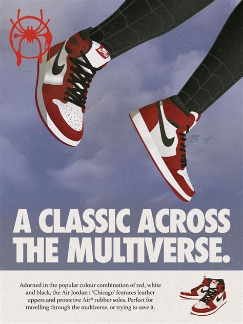 An Air Jordan 1 advertisement featuring the Chicago colourway worn by Miles Morales in the Into ...