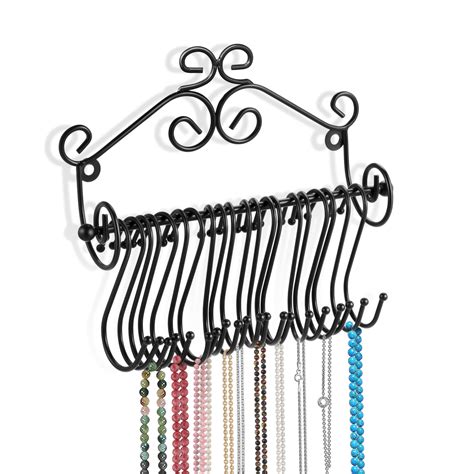 Hanging Jewelry Organizer, Wall Mounted Necklace Hanger Holder, Black Storage Rack with ...