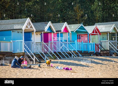 Colourful beach huts on Wells beach at Wells next the Sea on North Norfolk coast, East Anglia ...