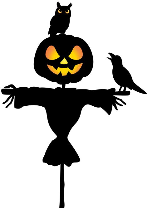 Scarecrow with Owl and Raven PNG Clip Art Image | Halloween silhouettes ...