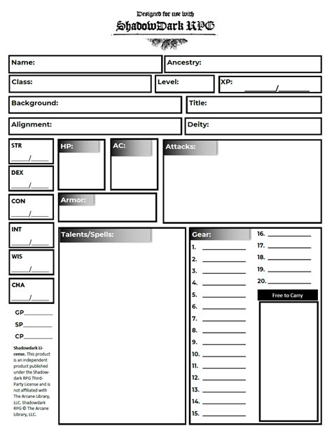 Shadowdark Character Sheet - Jeff Craigmile | DriveThruRPG.com