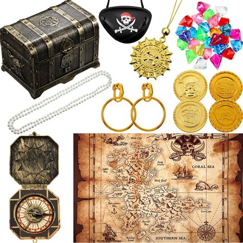 Buy 89 Pieces Pirate Treasure Chest Toy Kit Vintage Pirate Treasure Chest Pirate Eye Patch Gold ...