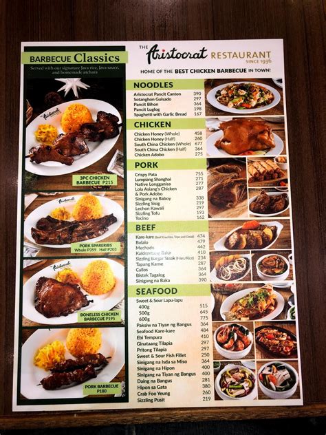 Menu at The Aristocrat Restaurant, Manila, 1004 San Andres St