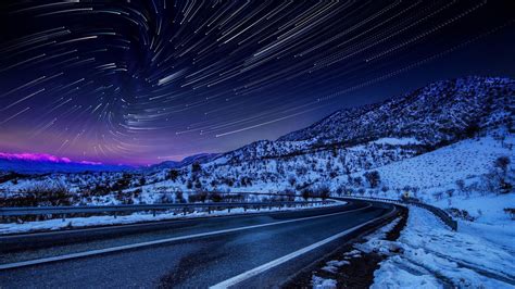 mountain range, mountain, starry sky, starry, night, winter, road, snow, star trails, starry ...