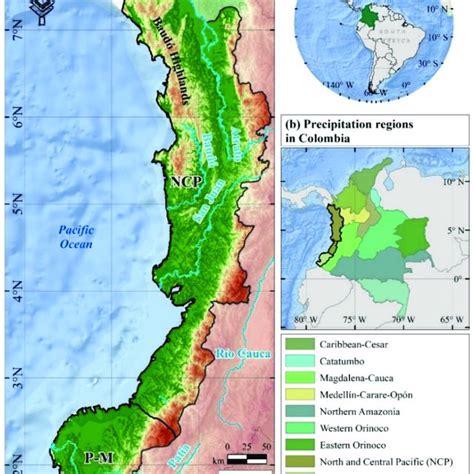 (a) Study area and (b) precipitation regions in Colombia provided by... | Download Scientific ...