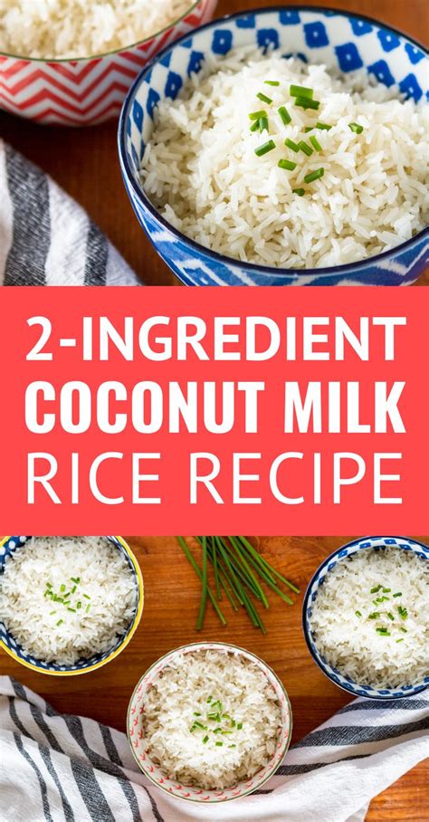 2 ingredient coconut milk rice recipe in bowls on a wooden table with text overlay