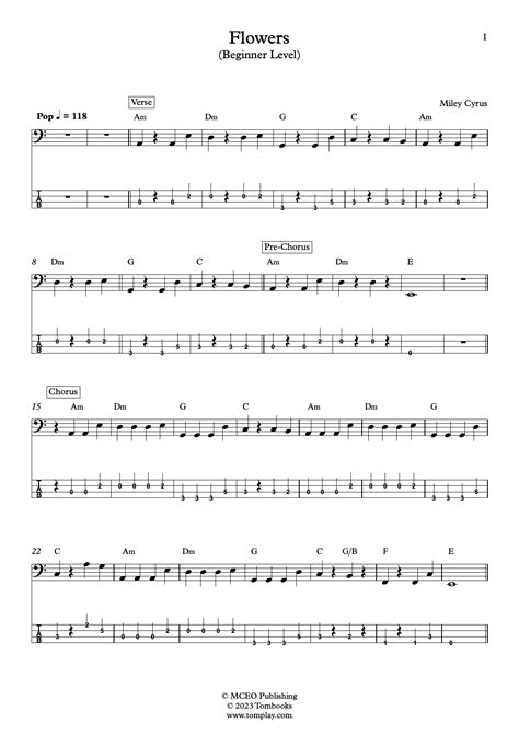 Flowers (Beginner Level) (Miley Cyrus) - Bass Tabs