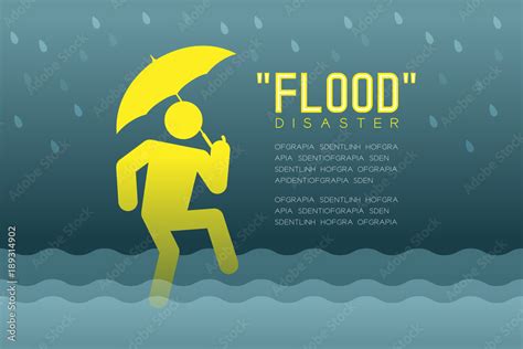 Flood Disaster of man icons pictogram with umbrella design infographic ...