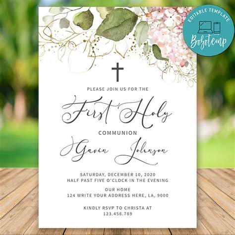 Editable Blush Floral First Holy Communion Invitation Template | Bobotemp