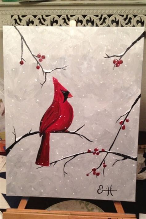 Items similar to Cardinal in the Snow, Original acrylic painting on canvas, 16" x 20" on Etsy