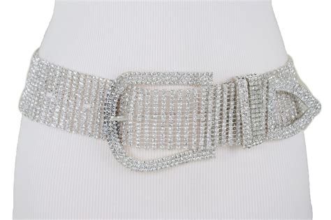 Women Bling Belt Hip Wide Silver Metal Rhinestones Big Fancy Buckle Plus XL XXL - Belts