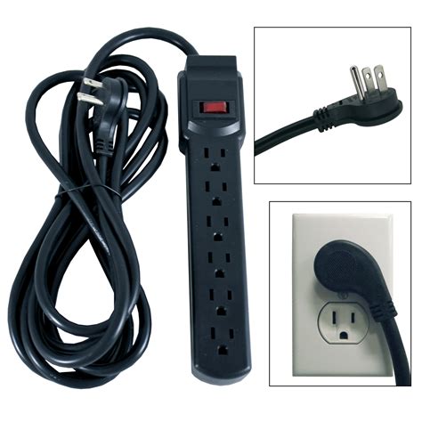 6 AC Outlet Flat Plug Power Strip, Surge Protected, 12 Foot Cord, Black ...