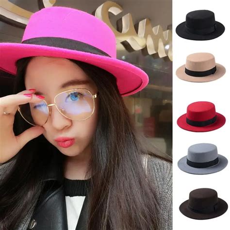 New Fashion Wool Boater Flat Top Hat For Women Felt Wide Brim Fedora Hat-in Women's Fedoras from ...