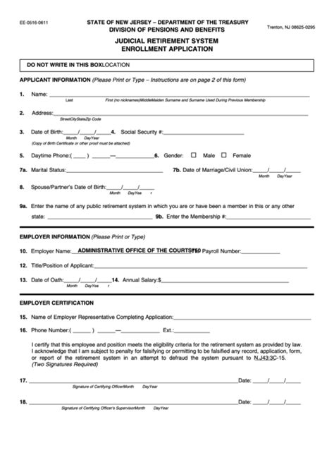 Form Ee-0516-0611 Judicial Retirement System Enrollment Application printable pdf download