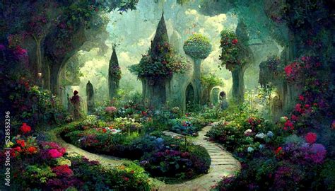 Fantasy floral garden concept art illustration Stock Illustration ...