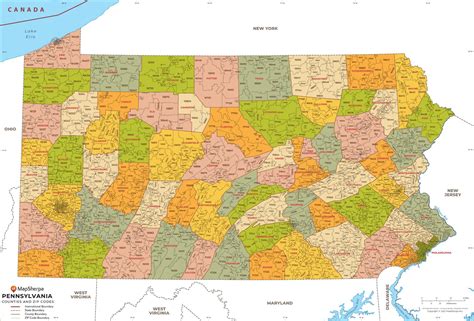 Pennsylvania ZIP Code Map with Counties by MapSherpa - The Map Shop