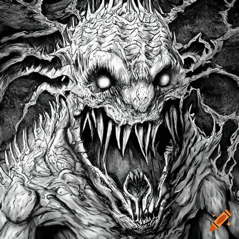 A creature, black and white, berserk, manga art style, execution, scary ...