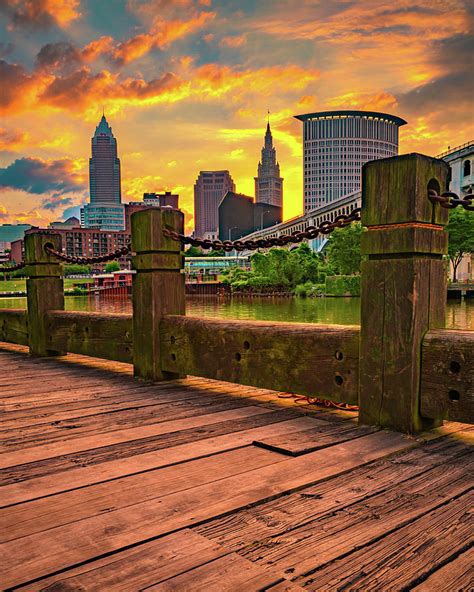 Downtown Cleveland Ohio Skyline Sunrise From The Cuyahoga Riverfront ...