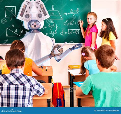 Teacher Ai Robot with School Children in School Class Blackboard. Stock Photo - Image of robot ...