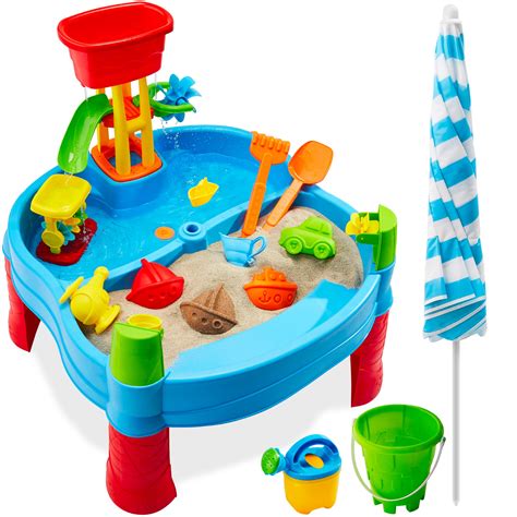 Kids Outdoor Sand & Water Table w/ 18 Accessories, Adjustable Umbrella ...