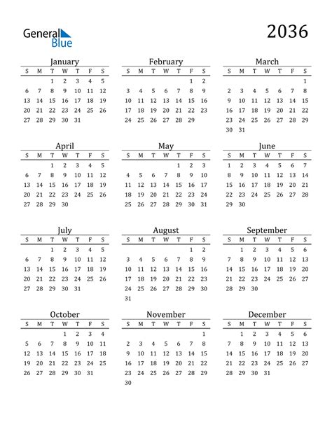 2036 Calendar (PDF, Word, Excel)