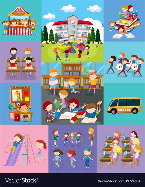 Children doing different activities at school Vector Image