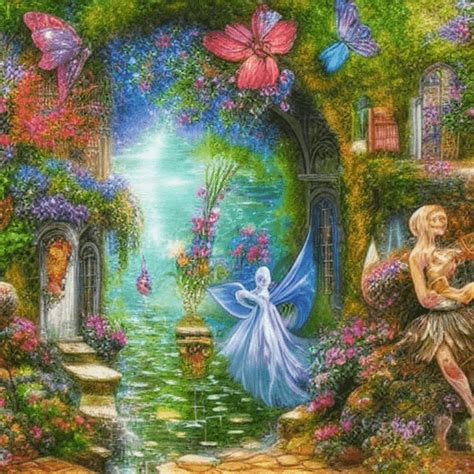 Beautiful Magical Fantasy Garden with Fairy in Blues and Silver Flowers Pond Bridge Garden Gate ...