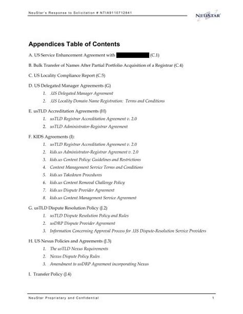 Appendices Table of Contents