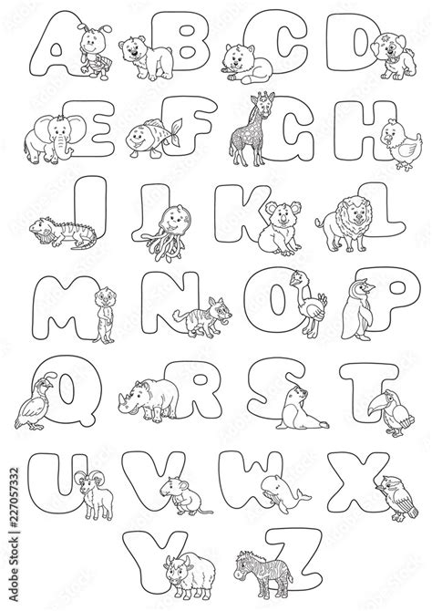 Cartoon alphabet poster. Vector illustration of educational alphabet coloring book page with ...