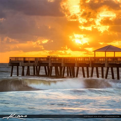 Juno Beach Pier Sunrise Wave Square | Royal Stock Photo