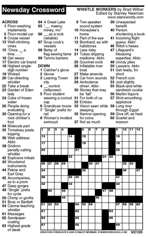 Newsday Crossword Puzzle for Sep 21, 2020, by Stanley Newman | Creators ...