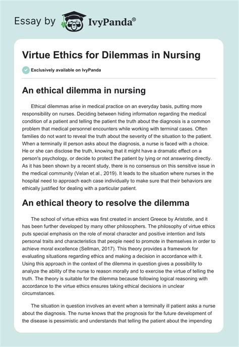 Virtue Ethics for Dilemmas in Nursing - 861 Words | Research Paper Example