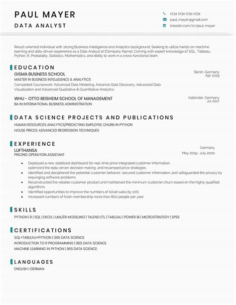 Data Analyst Resume Sample and Template | 365 Data Science