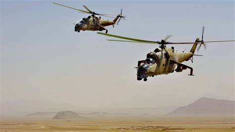 Afghan National Army Air Corp Mi-35 helicopters. Southern Afghanistan Oct. 3, 2009. Photo by ...